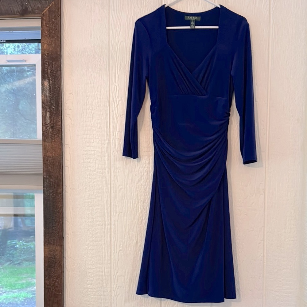 Lauren Ralph Lauren rouched vneck 3/4 sleeve blue dress 8